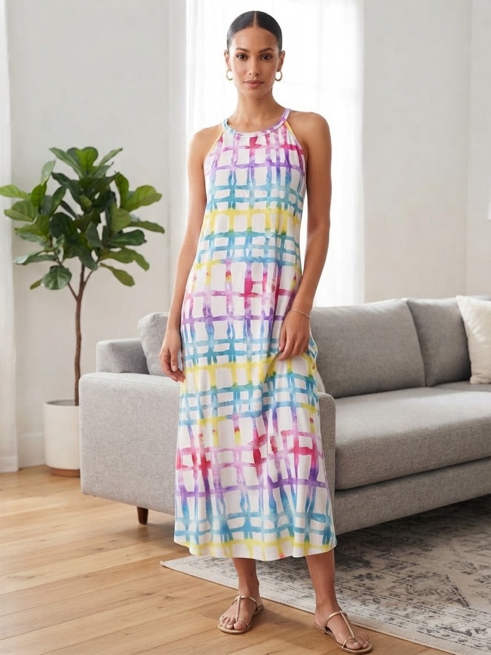 Rouge Helium Multicolor Watercolor Plaid Maxi Dress